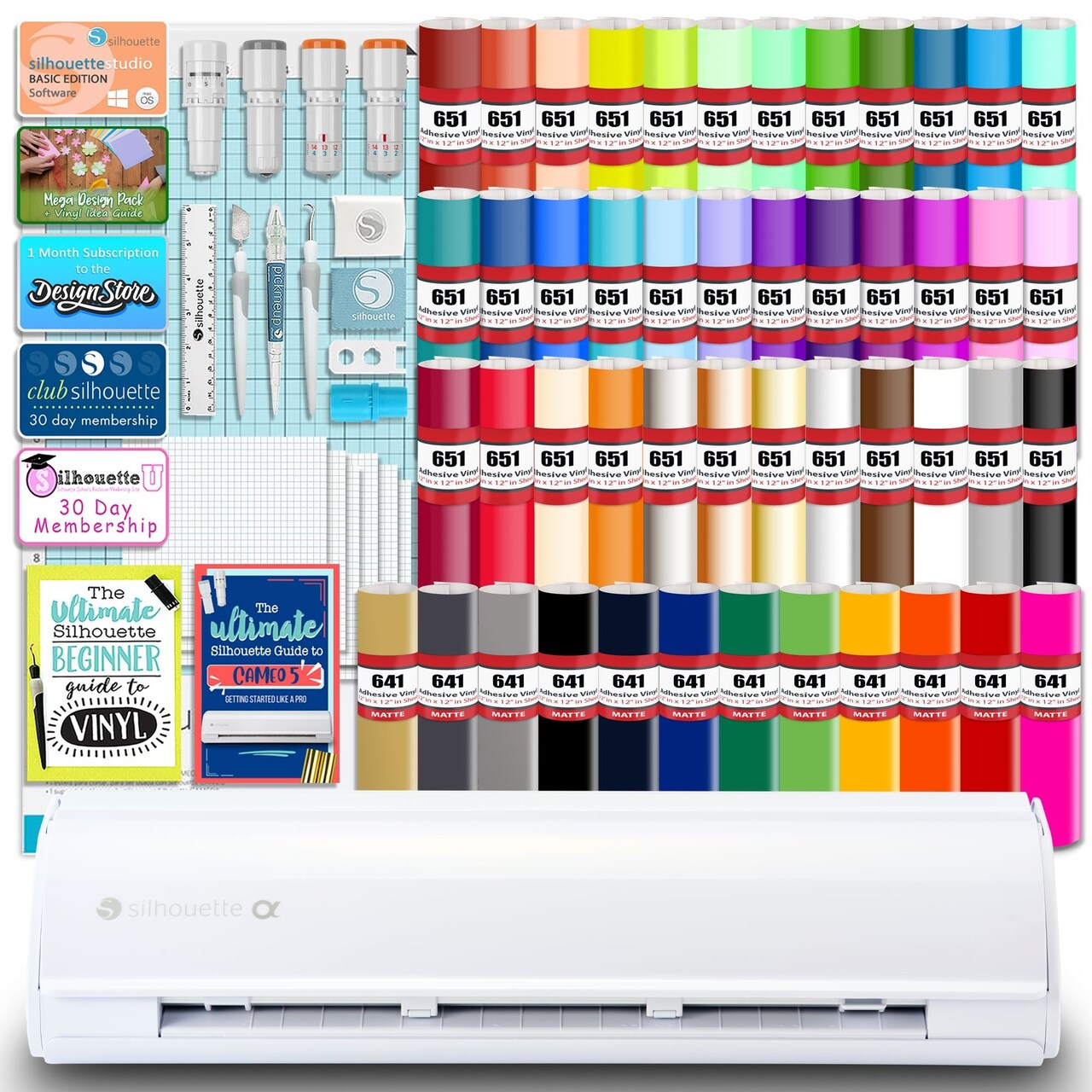 Silhouette White Cameo 5α Alpha w/ 64 Oracal Vinyl Sheets, Blades, Tools, Guides